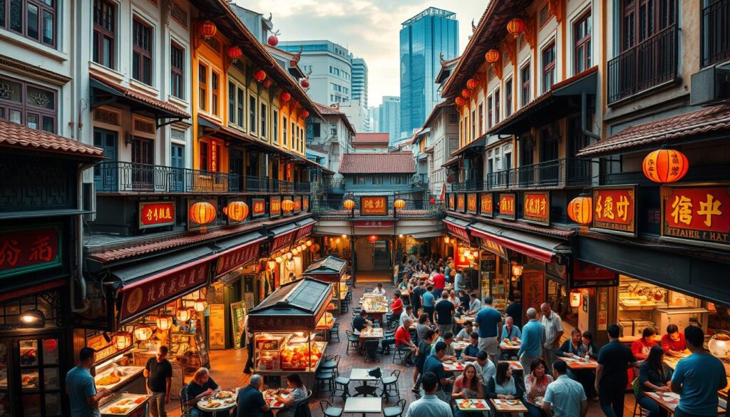 A bustling Chinatown complex with a vibrant, atmospheric hawker center at its heart. The ornate, colorful facades of traditional shophouses line the narrow streets, adorned with intricate lanterns and Chinese calligraphy. In the busy central courtyard, clusters of food stalls sizzle and steam, offering an enticing array of Singaporean and Chinese delicacies. Diners sit at small, communal tables, chattering and savoring the diverse flavors. Warm, golden lighting casts a cozy glow, while the occasional glimpse of modern skyscrapers in the background hints at the dynamic blend of old and new. An immersive culinary adventure awaits in this captivating Chinatown scene.