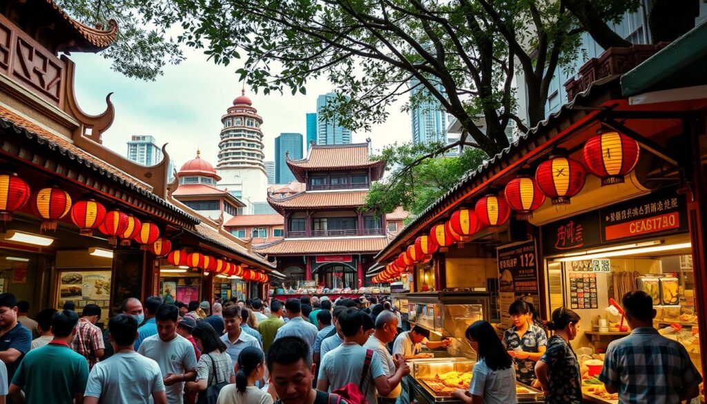 A bustling Chinatown food centre, its vibrant facade adorned with traditional Chinese lanterns and architectural flourishes. In the foreground, a crowd of patrons meanders through the stalls, sampling an array of tantalizing local delicacies - from steaming bowls of noodles to sizzling skewers of grilled meats. The middle ground showcases the diverse culinary offerings, with vendors enthusiastically serving up their signature dishes. In the background, the distinctive shophouses and temples of Chinatown create a captivating cityscape, bathed in the warm glow of natural light filtering through the canopy of trees. The scene radiates an atmosphere of authentic, lively Singaporean culture and the irresistible aromas of a thriving, multicultural food haven.