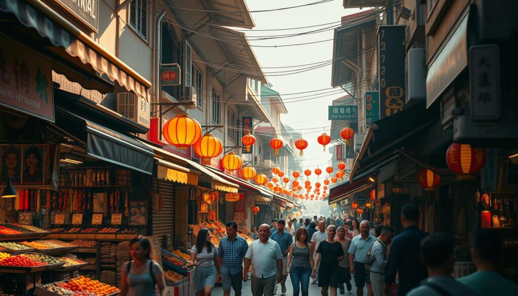 A bustling Chinatown street market, vibrant with colorful stalls, awnings, and lanterns. Shoppers weave through the crowded lanes, browsing an array of goods - from fresh produce and aromatic spices to handcrafted trinkets and traditional textiles. The warm, golden glow of afternoon sunlight filters through the narrow streets, casting a nostalgic, atmospheric ambiance. Vendors call out their wares, the air filled with the sizzle of woks and the lively chatter of bargaining. A unique cultural experience, immersing the viewer in the heart of Singapore's Chinatown.
