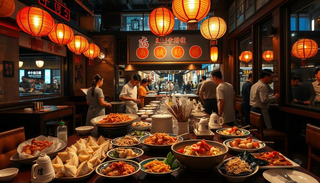 A bustling Fujian restaurant in the heart of Chinatown, Singapore. The warm glow of lanterns illuminates the scene, casting a cozy ambiance. In the foreground, a table laden with delectable Fujian specialties - steaming dumplings, fragrant noodle dishes, and succulent seafood. The middle ground features the restaurant's lively open kitchen, where chefs meticulously prepare each dish with precision. In the background, the vibrant Chinatown streetscape is visible through the large windows, with bustling pedestrians and colorful storefronts. The atmosphere is one of authentic Fujian hospitality, where the aroma of spices and the sounds of sizzling woks create an immersive sensory experience.