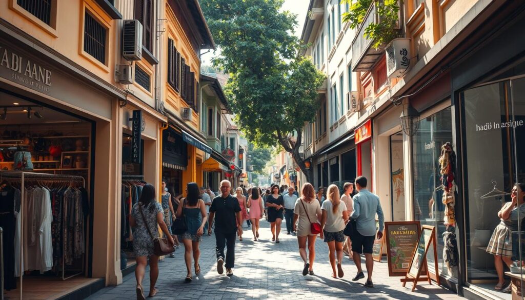 A bustling Haji Lane in Singapore, its charming boutiques and quirky storefronts lining the narrow street. Warm afternoon sunlight filters through the colorful facades, casting gentle shadows on the cobblestoned pavement. In the foreground, a group of stylishly dressed shoppers browse the eclectic offerings, from vintage apparel to unique handcrafted trinkets. The middle ground reveals the vibrant mix of independent shops, their windows displaying an array of curated fashion, art, and design pieces. In the background, the distinctive Peranakan-style architecture frames the scene, creating a captivating and atmospheric shopping experience.