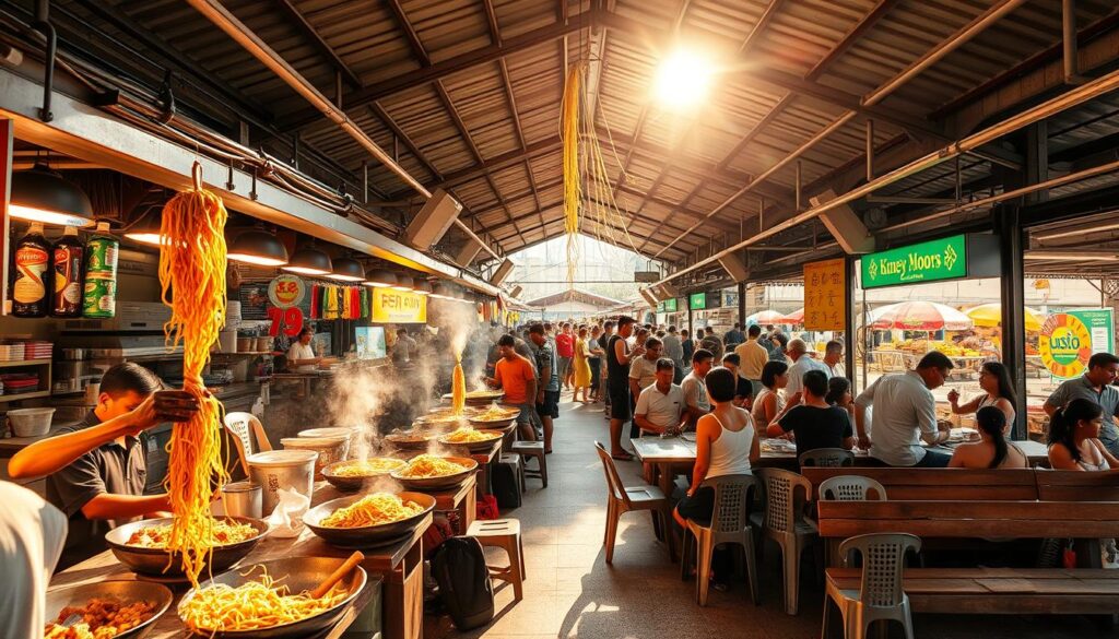 A bustling Hokkien mee food centre in Singapore, bathed in warm afternoon sunlight. The scene captures the vibrant energy of the hawker stalls, with sizzling woks, the aroma of charred noodles, and a lively crowd of hungry patrons. In the foreground, a vendor skillfully tosses the noodles, creating a mesmerizing display. Behind them, a kaleidoscope of colorful dishes and bustling food preparation. The middle ground features a diverse array of seating options, from plastic stools to wooden benches, where locals and tourists alike savor the iconic Hokkien mee. In the background, the utilitarian architecture of the food centre, with its open-air layout and metal roof, sets the stage for this quintessential Singaporean dining experience.