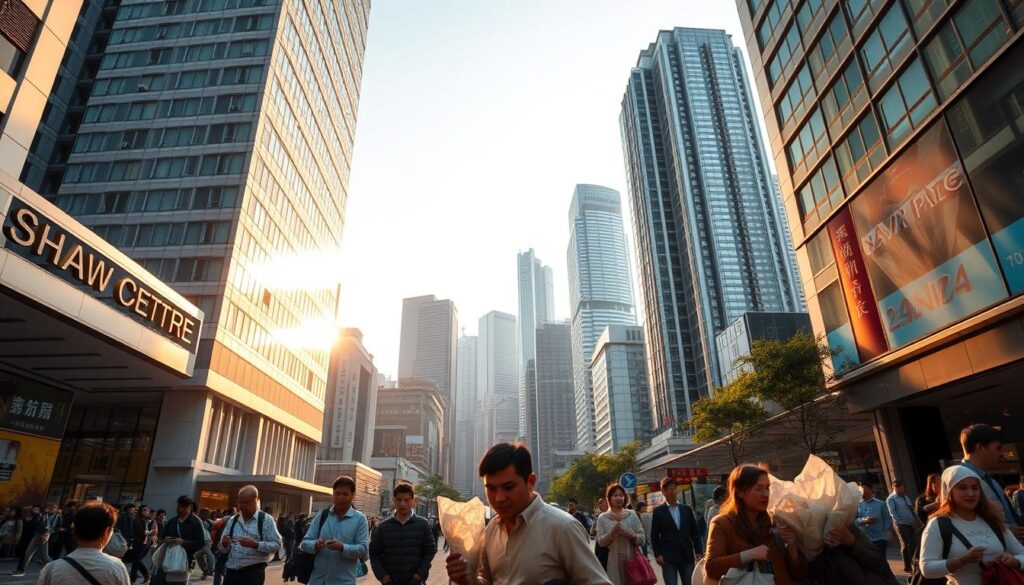 A bustling Hong Kong street scene, with the iconic Shaw Centre in the foreground. The building's sleek, modernist facade shines under a warm, golden afternoon light, its geometric patterns and towering silhouette commanding attention. In the middle ground, pedestrians hurry past, carrying paper-wrapped parcels and clutching steaming bowls of congee. The air is thick with the savory aroma of this quintessential Cantonese comfort food. In the background, the towering skyscrapers of the financial district loom, a testament to the city's enduring spirit of innovation and tradition.