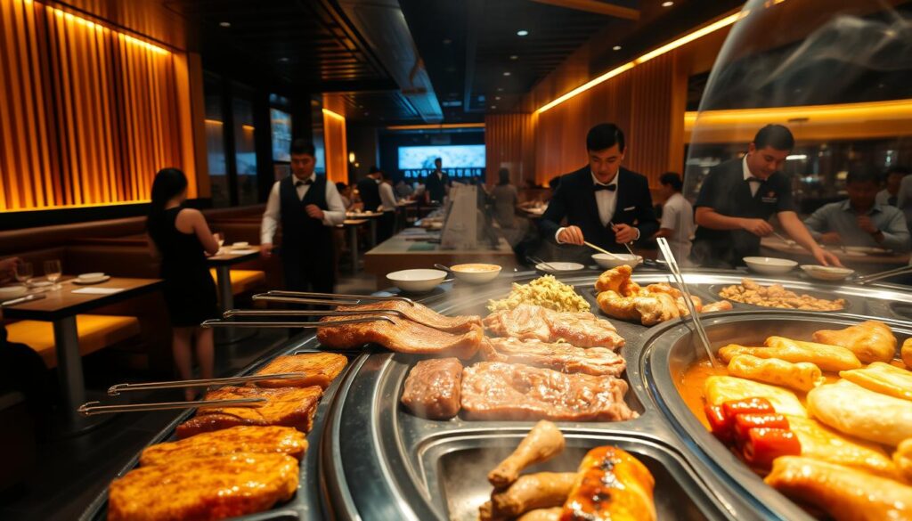 A bustling Korean BBQ restaurant in Singapore, dimly lit with warm, ambient lighting casting a golden glow over the sizzling meats on the tabletop grill. The foreground features an assortment of marinated beef, pork, and chicken, sizzling and charring to perfection. In the middle ground, servers in crisp uniforms move gracefully, attending to the needs of discerning diners. The background showcases the vibrant, modern decor of the establishment, with sleek wooden accents and minimalist design elements that evoke the essence of Korean dining culture. The overall atmosphere is one of conviviality, where the aroma of grilled meats mingles with the sounds of lively conversation and the clink of metal chopsticks against ceramic plates.