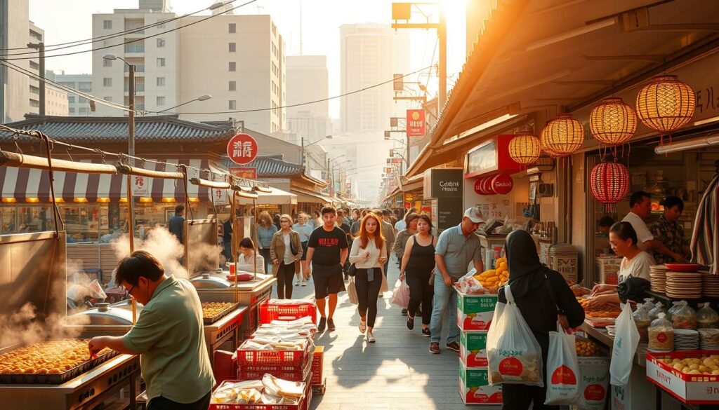 A bustling Korean street scene, bathed in warm, golden sunlight filtering through the canopies. In the foreground, an array of colorful street food stalls, with sizzling griddles, steaming skewers, and fragrant aromas wafting through the air. Vendors skillfully prepare and serve popular Korean snacks like tteokbokki, kimbap, and hotteok, their hands moving with practiced precision. In the middle ground, pedestrians weave through the lively crowd, carrying bags of fresh produce and takeaway treats. The background features a mix of traditional Korean architecture and modern high-rises, creating a vibrant, urban tapestry. The overall atmosphere is one of energy, culture, and the mouthwatering delights of Korean street food.