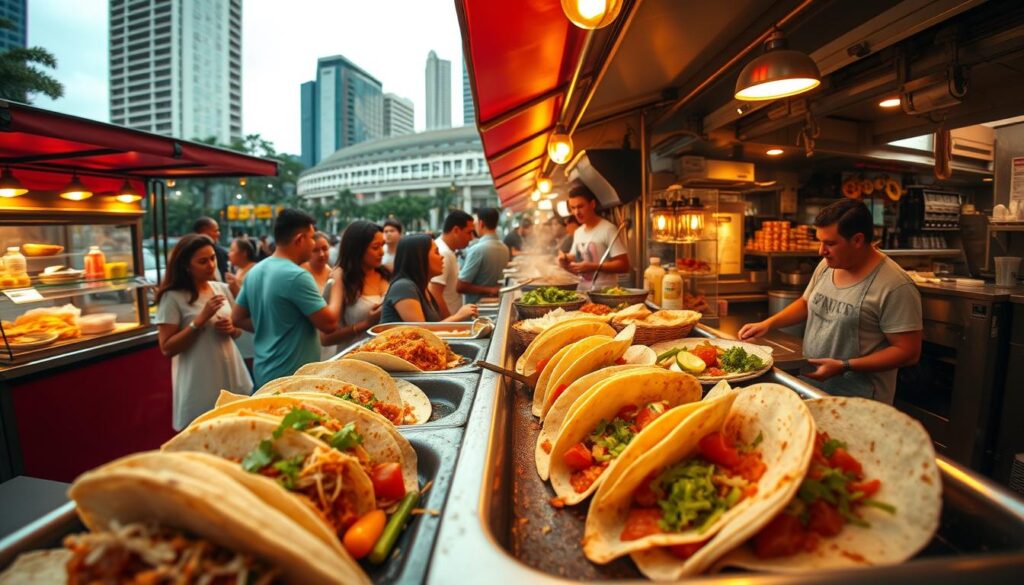 A bustling Mexican street food scene, captured in vibrant colors and dynamic angles. In the foreground, sizzling tacos and quesadillas, their fillings spilling out tantalizing aromas. In the middle ground, a lively crowd of locals and tourists, chatting animatedly and savoring every bite. The background showcases the iconic architecture of Singapore, blending the essence of Mexico with the cosmopolitan urban landscape. Warm, golden lighting bathes the scene, creating a cozy, inviting atmosphere. A wide-angle lens captures the energy and excitement of this culinary adventure, inviting the viewer to step into the heart of this flavorful experience.