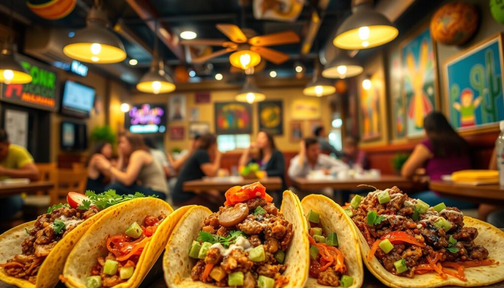 A bustling Mexican taqueria, bathed in warm, golden light from overhead lamps. In the foreground, a spread of halal tacos, brimming with succulent, halal-certified meat, fresh veggies, and flavorful sauces. Fragrant spices waft through the air, mingling with the aroma of freshly grilled tortillas. The middle ground features a lively scene, with patrons seated at rustic wooden tables, enjoying their halal Mexican feast. In the background, vibrant Mexican artwork and decorations adorn the walls, creating a vibrant, authentic atmosphere. The overall composition captures the perfect blend of halal-compliance and the bold, dynamic flavors of Mexican cuisine. A bustling Mexican taqueria, bathed in warm, golden light from overhead lamps. In the foreground, a spread of halal tacos, brimming with succulent, halal-certified meat, fresh veggies, and flavorful sauces. Fragrant spices waft through the air, mingling with the aroma of freshly grilled tortillas. The middle ground features a lively scene, with patrons seated at rustic wooden tables, enjoying their halal Mexican feast. In the background, vibrant Mexican artwork and decorations adorn the walls, creating a vibrant, authentic atmosphere. The overall composition captures the perfect blend of halal-compliance and the bold, dynamic flavors of Mexican cuisine.