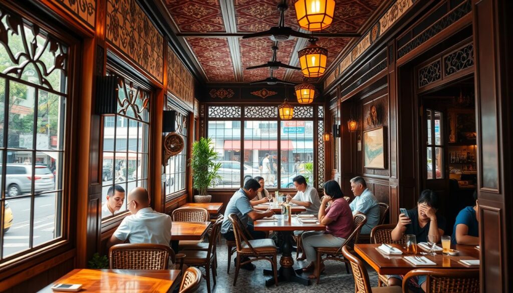A bustling Peranakan restaurant nestled in the heart of Singapore's vibrant cityscape. The interior exudes a warm, inviting ambiance, with intricate tile work, rattan furnishings, and vintage decor evoking the rich cultural heritage. Through the large windows, passersby catch glimpses of diners savoring authentic Peranakan dishes, from aromatic rendang to tangy assam pedas. Soft, natural light filters in, casting a golden glow over the scene. The camera's lens captures the essence of the restaurant, showcasing its unique blend of traditional and modern elements that have made it a beloved destination for Peranakan food enthusiasts.