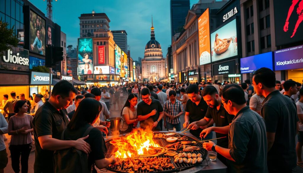 A bustling Siam Square scene, illuminated by warm evening light. In the foreground, a group of friends gathered around a sizzling Mookata grill, engrossed in the Pioneer experience - the ritual of cooking and sharing an array of meats, seafood, and vegetables. The middle ground showcases the vibrant atmosphere, with couples and families enjoying the lively ambiance. In the background, the iconic architecture of Siam Square provides a striking backdrop, its facades casting subtle shadows. The image evokes a sense of tradition, community, and the joy of a shared culinary adventure.
