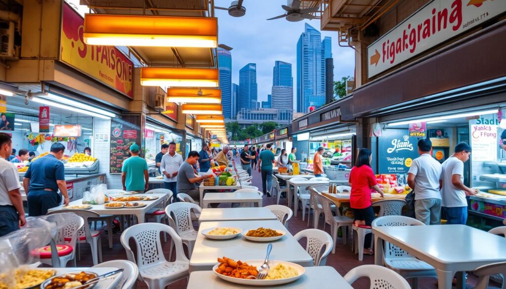 A bustling Singapore hawker center, filled with vibrant stalls offering an array of affordable and delectable dishes. Rows of plastic tables and chairs under the warm glow of fluorescent lights, creating a casual and lively atmosphere. In the foreground, a selection of local favorites - steaming plates of noodles, fragrant curries, and freshly grilled meats. The middle ground showcases the diversity of cuisines, from sizzling satay to piping hot dim sum. In the background, a blend of modern skyscrapers and traditional shophouses, hinting at Singapore's unique cultural tapestry. The overall scene captures the essence of affordable, high-quality dining that Singapore is renowned for.