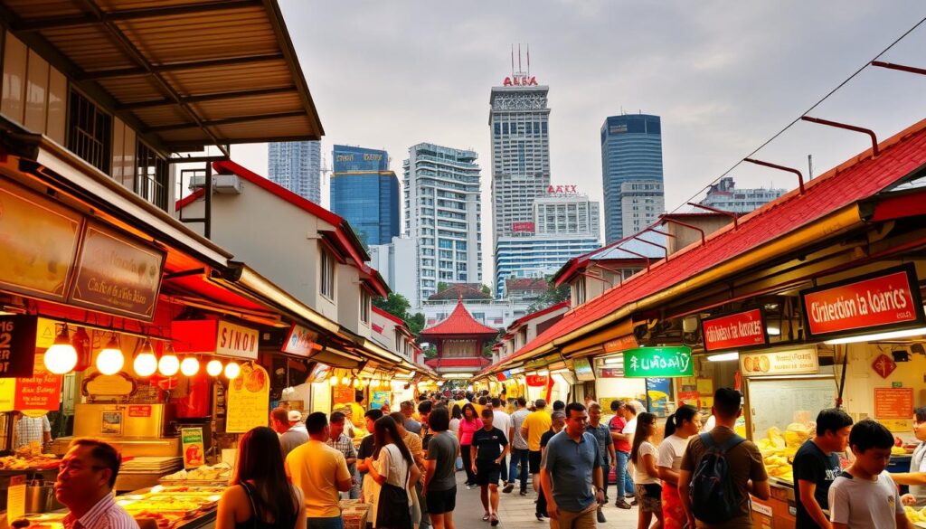 A bustling Singaporean hawker center with an array of vibrant food stalls, showcasing the multicultural culinary delights of the island nation. The foreground features an assortment of local delicacies, from steaming bowls of laksa to sizzling satay skewers, with patrons eagerly lining up to savor the authentic flavors. The middle ground captures the lively atmosphere, with vendors calling out their specialties and customers chatting animatedly. In the background, a mix of traditional shophouses and modern high-rises creates a distinctive Singaporean skyline, bathed in warm, golden lighting that evokes the welcoming ambiance of this iconic social dining experience.