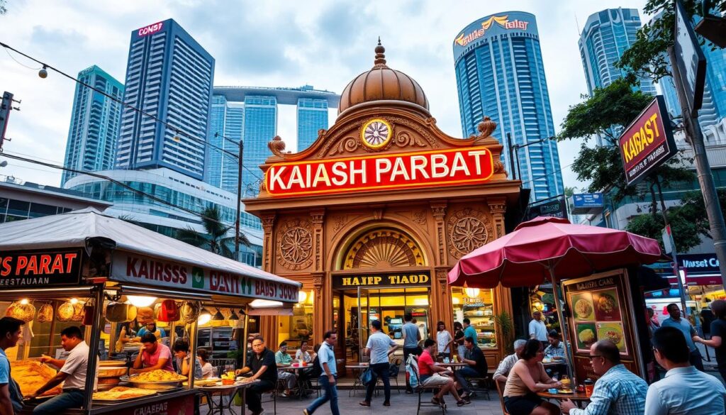 A bustling Singaporean street scene, the vibrant neon-lit façade of Kailash Parbat restaurant takes center stage. In the foreground, a diverse array of Indian vegetarian street food stalls tempt passersby with sizzling curries, fluffy naan, and fragrant spices. Patrons sit at small tables, enjoying their flavorful meals against a backdrop of colorful umbrellas and atmospheric lighting. The middle ground features the ornate architectural details of the restaurant, with intricate carvings and a domed entrance. The background showcases the vibrant, bustling Singapore cityscape, with towering skyscrapers and a hint of the iconic Marina Bay Sands. The overall mood is one of lively energy, cultural diversity, and the allure of authentic Indian vegetarian cuisine.