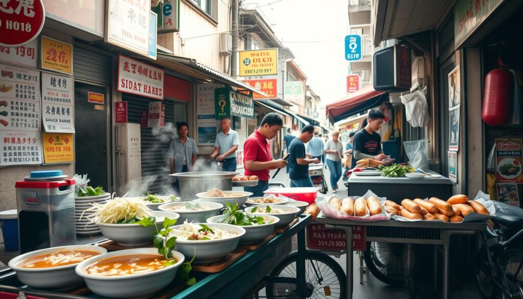 A bustling Vietnamese street scene, with a row of modest eateries showcasing their vibrant, aromatic dishes. In the foreground, a cart laden with steaming bowls of pho, garnished with fresh herbs and bean sprouts. In the middle ground, a vendor skillfully assembles banh mi sandwiches, the aroma of crisp baguettes and savory fillings wafting through the air. The background is a tapestry of colorful signage, weathered facades, and the casual chaos of a thriving neighborhood. Diffused natural light filters through, casting a warm, inviting glow over the entire scene, evoking the casual, convivial atmosphere of an authentic Vietnamese food experience.