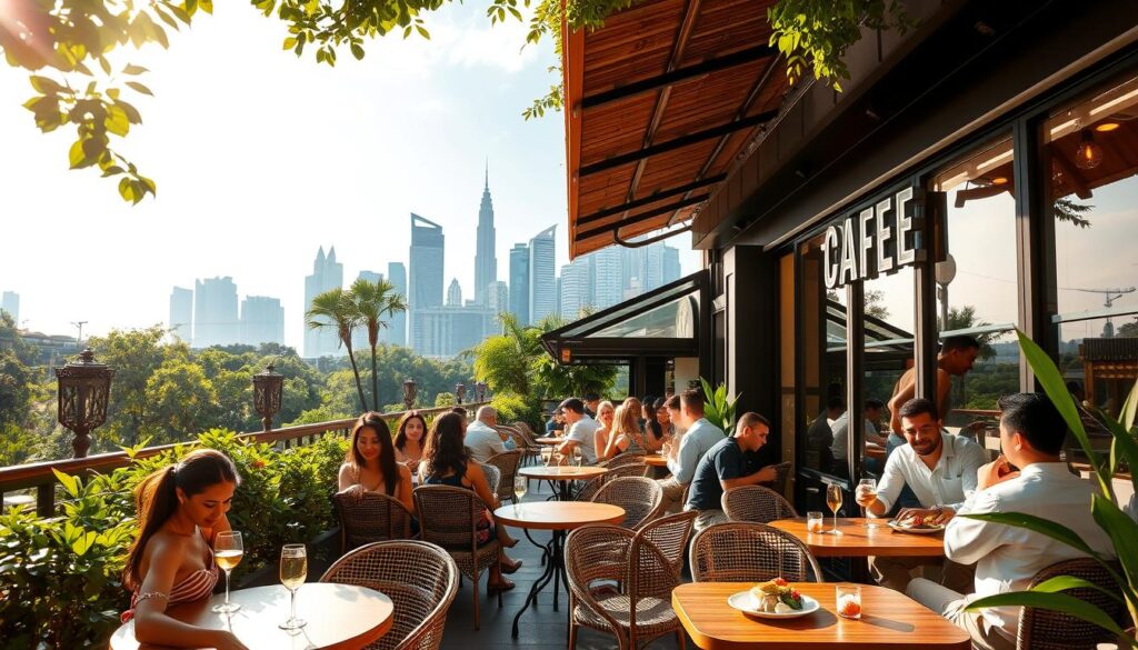 A bustling alfresco dining scene in the heart of Singapore, featuring an array of cozy bistro tables set amidst lush greenery and a vibrant atmosphere. Warm sunlight filters through the overhead canopy, casting a golden glow on the diners enjoying their meals. In the foreground, well-dressed patrons sip on refreshing beverages and savor delectable dishes, while the middle ground showcases the charming cafe facade with its sleek, modern design. In the background, the iconic Singapore skyline rises, providing a stunning urban backdrop to the intimate dining experience. The overall scene conveys a sense of relaxation, sophistication, and the quintessential Singaporean lifestyle.