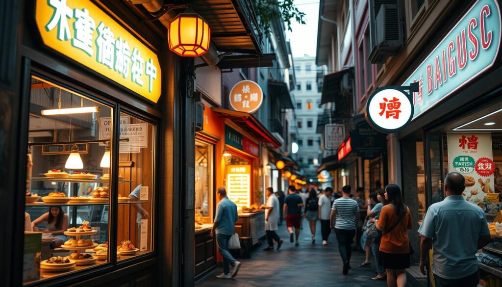 A bustling alleyway in Singapore's vibrant Chinatown district, lined with quaint, neon-lit dessert shops and bakeries. In the foreground, a cozy, inviting storefront beckons, its windows displaying an array of delectable pastries and confections. Warm, golden light spills out, casting a welcoming glow. Further down the alley, a mix of local and international customers mingle, savoring unique, artisanal desserts. The scene is framed by the iconic, colorful shophouses characteristic of this historic neighborhood, creating an atmosphere of charm and discovery. Soft, diffused lighting and a shallow depth of field draw the viewer's eye to the hidden gems waiting to be explored.