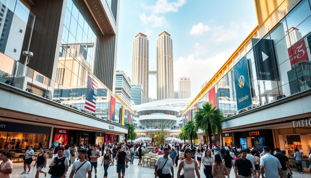 A bustling and vibrant shopping experience at Suntec City, Singapore's iconic mixed-use development. In the foreground, shoppers stroll through the expansive, sun-drenched atrium, admiring the striking architecture and contemporary design. The middle ground features a diverse array of retail stores, cafes, and eateries, beckoning visitors to explore and indulge. In the background, the distinctive Suntec City towers rise, casting a warm, golden glow across the scene. The atmosphere is one of energy, sophistication, and a sense of discovery, inviting visitors to immerse themselves in the pinnacle of urban shopping and lifestyle experiences.