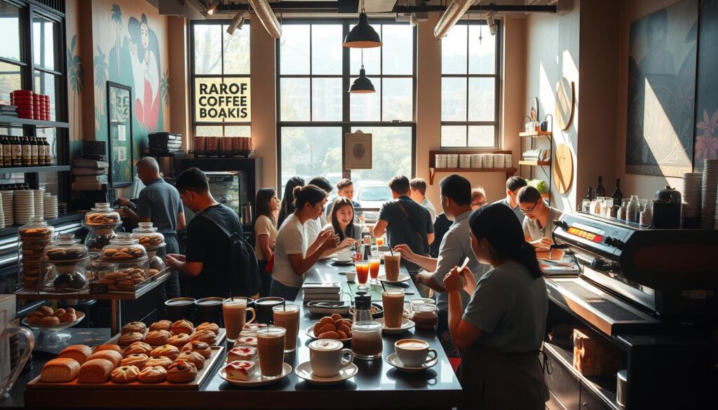 A bustling cafe in the heart of Singapore, sunlight streaming through large windows illuminating the intimate setting. In the foreground, an array of colorful pastries and artisanal coffee drinks adorn the counter, inviting patrons to indulge. At the center, a group of locals and tourists sip their beverages, engaged in lively conversation over the hum of espresso machines. The walls display vibrant murals and shelves showcasing local coffee beans, capturing the essence of Singapore's thriving coffee culture. A warm, welcoming atmosphere pervades the scene, reflecting the city's rich diversity and love for exceptional coffee.