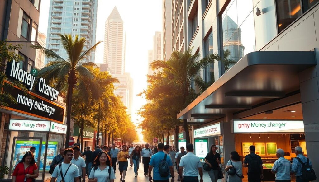A bustling city street in Singapore, with a row of modern, well-lit currency exchange offices along the sidewalk. The storefront signs prominently display the "Money Changer" branding, inviting passersby to step inside and exchange their foreign currency. The scene is bathed in a warm, golden afternoon light, creating a sense of vibrancy and commercial activity. In the foreground, a diverse group of people, both locals and tourists, are engaged in lively transactions, while the background features the iconic high-rise buildings and lush greenery that characterize the Singapore skyline.
