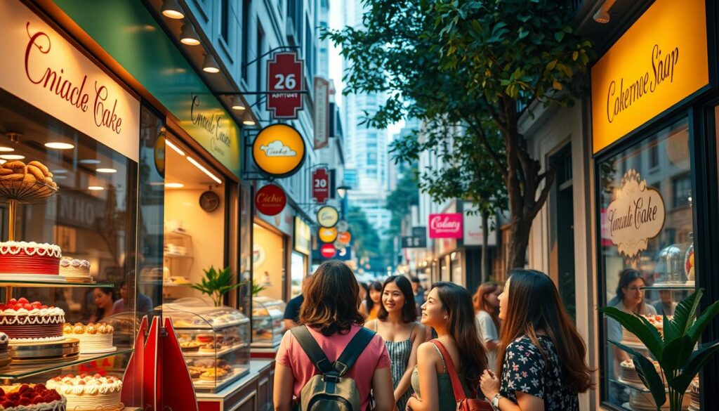A bustling city street lined with charming, artisanal cake shops, their colorful displays beckoning passersby. Warm lighting casts a cozy glow, highlighting the intricate designs and mouthwatering textures of expertly crafted cakes. In the foreground, a group of friends admire the decadent confections through large display windows, their expressions filled with delight. The middle ground features the inviting storefronts, adorned with tasteful signage and lush greenery. The background frames the scene with a vibrant, urban cityscape, hinting at the vibrant culture and diversity of Singapore. The overall atmosphere exudes a sense of community, quality, and the celebration of the finest baking traditions.
