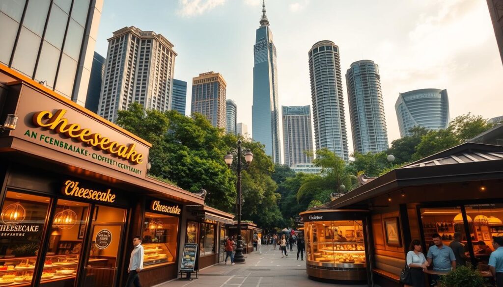 A bustling cityscape in Singapore, with towering skyscrapers and lush greenery in the background. In the foreground, a curated selection of the city's top cheesecake destinations, each with its own unique storefront and enticing displays of decadent desserts. The scene is bathed in warm, golden lighting, creating a cozy and inviting atmosphere. The camera angle captures the vibrant energy of the city, while also highlighting the attention to detail and craftsmanship of the featured cheesecake spots. The overall composition conveys a sense of both urban sophistication and culinary excellence, perfectly showcasing the best of Singapore's cheesecake scene.