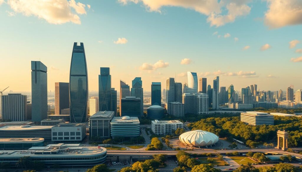 A bustling cityscape of Singapore, with towering skyscrapers and modern architecture prominently featured, representing the country's thriving industries. In the foreground, a panoramic view showcases the diverse sectors, from the sleek financial district to the bustling technology hubs and manufacturing complexes. The middle ground captures the vibrant connectivity, with efficient transportation networks and bustling commercial activity. In the background, lush greenery and iconic landmarks provide a balanced contrast, highlighting Singapore's commitment to sustainability and livability. The scene is bathed in warm, golden light, conveying a sense of prosperity and progress. The overall composition captures the dynamic essence of Singapore's top industries.