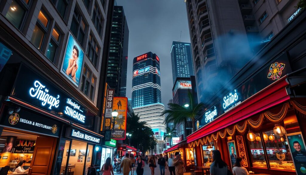 A bustling cityscape of Singapore, with vibrant neon-lit storefronts and modern skyscrapers in the background. In the foreground, a row of beautifully decorated Indian restaurants, their facades adorned with intricate designs and warm lighting. Aromas of spices and sizzling curries waft through the air, drawing in passersby. The scene is captured with a wide-angle lens, giving a sense of depth and scale to the urban landscape. The lighting is soft and diffused, creating a cozy, inviting atmosphere that reflects the rich cultural heritage of the city's Indian culinary scene. The overall mood is one of excitement and anticipation, inviting the viewer to explore and discover the top-rated Indian restaurants Singapore has to offer.