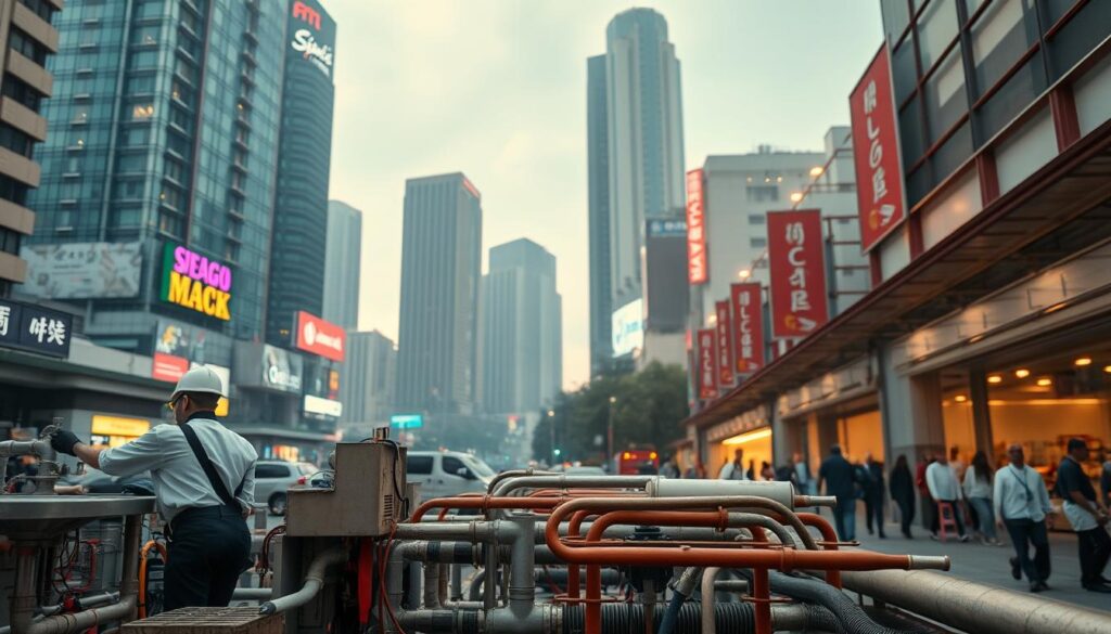 A bustling commercial district in Singapore, with towering skyscrapers and neon signs. In the foreground, a team of professional plumbers in crisp uniforms working on a complex network of pipes and fixtures, their tools and equipment neatly organized. The middle ground showcases various plumbing services available, such as sink installations, pipe repairs, and water heater maintenance. The background is hazy, with the warm glow of street lamps and the faint silhouettes of pedestrians, capturing the vibrant atmosphere of the city. The image conveys the expertise, reliability, and comprehensive nature of plumbing services in Singapore.
