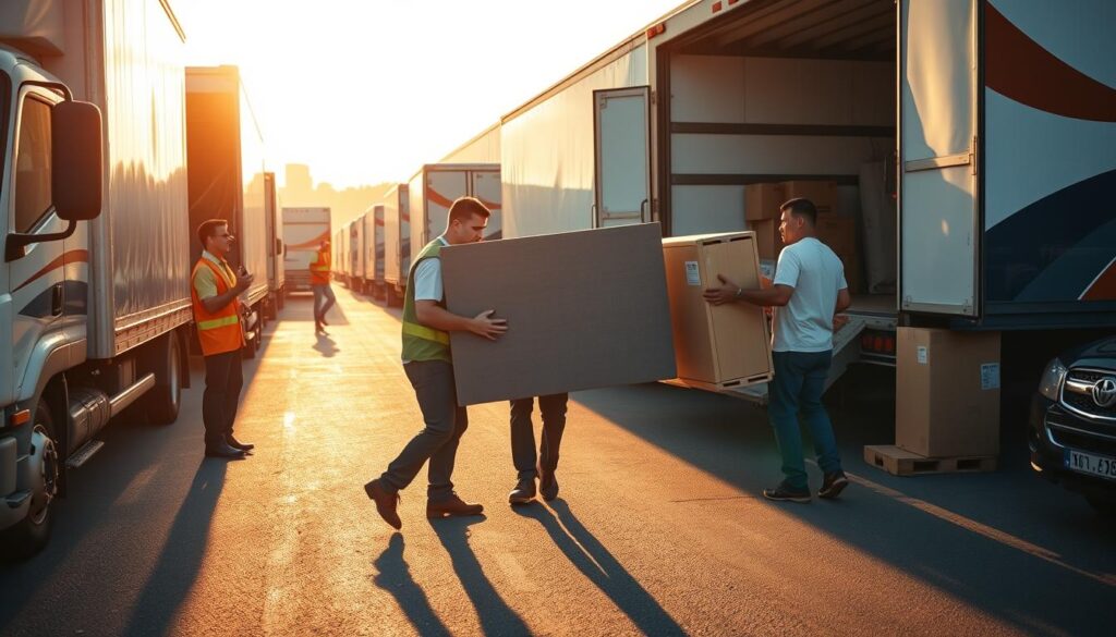 A bustling commercial moving services depot, with a fleet of sleek moving trucks and professional movers diligently loading and unloading cargo. The scene is bathed in warm, golden afternoon light, casting long shadows across the asphalt. In the foreground, two movers carefully maneuver a large piece of furniture onto a truck, their expressions focused and determined. In the middle ground, a supervisor oversees the operations, clipboard in hand, while in the background, additional movers secure boxes and prepare for the next job. The overall atmosphere conveys efficiency, expertise, and a sense of organized chaos as the team works seamlessly to provide top-notch moving services. A bustling commercial moving services depot, with a fleet of sleek moving trucks and professional movers diligently loading and unloading cargo. The scene is bathed in warm, golden afternoon light, casting long shadows across the asphalt. In the foreground, two movers carefully maneuver a large piece of furniture onto a truck, their expressions focused and determined. In the middle ground, a supervisor oversees the operations, clipboard in hand, while in the background, additional movers secure boxes and prepare for the next job. The overall atmosphere conveys efficiency, expertise, and a sense of organized chaos as the team works seamlessly to provide top-notch moving services.