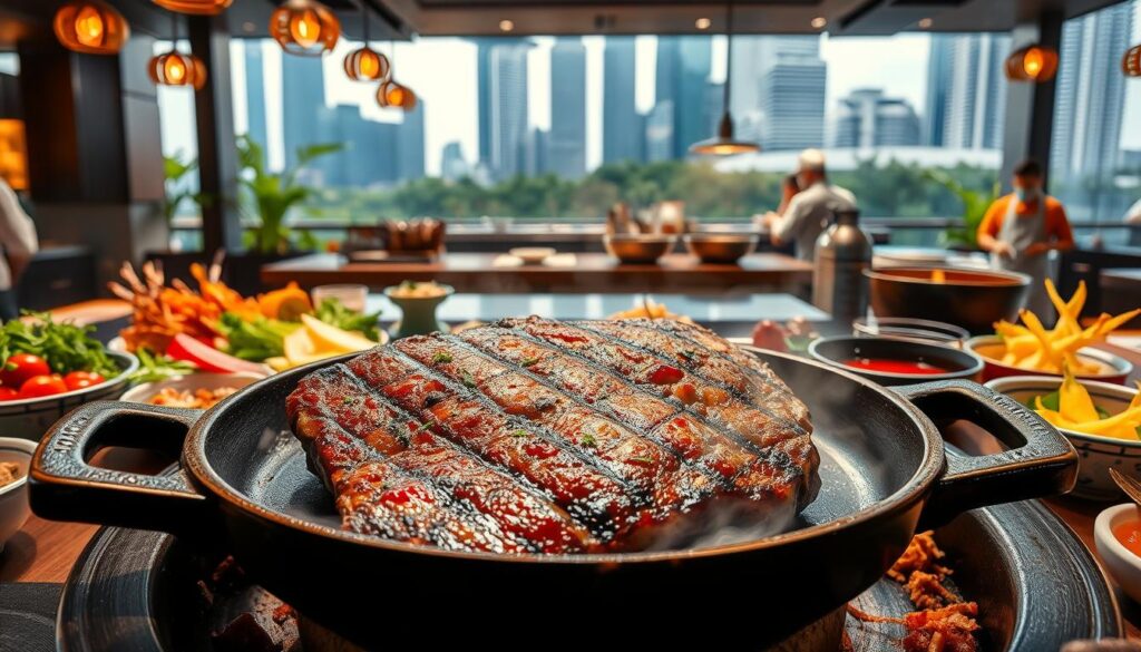 A bustling cosmopolitan scene of global steak cuisine, capturing the vibrant culinary diversity of Singapore. In the foreground, a perfectly grilled steak sizzles on a cast-iron pan, its rich, caramelized crust glistening under warm, natural lighting. Around it, an array of international accompaniments - fragrant herbs, vibrant vegetables, and tantalizing sauces - come together in a symphony of flavors. In the middle ground, the scene expands to reveal a modern, open-plan kitchen, where skilled chefs expertly wield their tools, creating culinary masterpieces. The background showcases the iconic architecture of Singapore, with sleek skyscrapers and lush greenery creating a dynamic, metropolitan backdrop, reflecting the city's status as a global gastronomic destination.