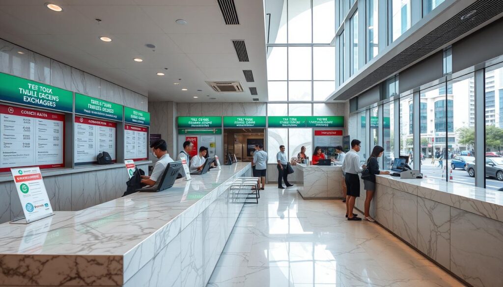 A bustling currency exchange office in the heart of Singapore, the gleaming marble counters reflecting the natural light streaming through large windows. Behind the counters, efficient staff members assist customers with their currency exchange needs, their uniforms crisp and professional. The room is adorned with carefully placed signage indicating exchange rates and services offered. The atmosphere is one of efficiency and trustworthiness, projecting the reliable reputation of the top money changers in this global financial hub.