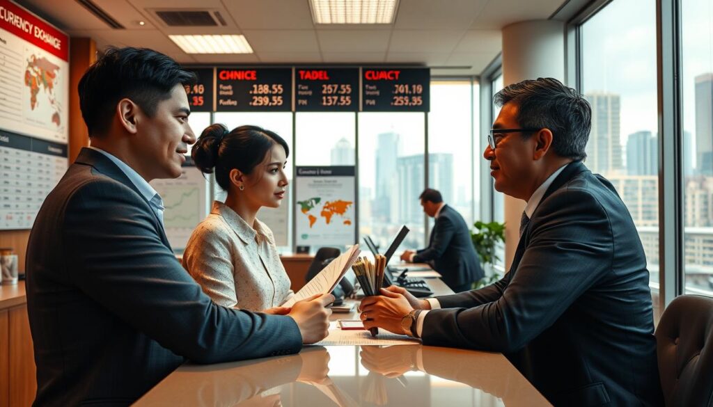 A bustling currency exchange office, with a counter in the foreground where two businesspeople engage in a negotiation. The lighting is warm and natural, creating a professional yet inviting atmosphere. The middle ground features informative charts and displays highlighting exchange rates, while the background showcases the cityscape beyond the office windows, evoking a sense of a global financial hub. The negotiators' body language and facial expressions convey a constructive dialogue, illustrating the art of bargaining for better currency exchange rates.