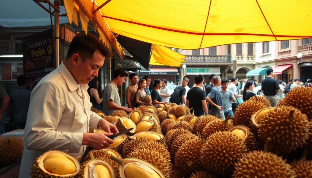 A bustling durian stall in the heart of Singapore, its vibrant canopy casting a warm glow over the display of premium-grade durians. Carefully arranged, the thorny fruits glisten under the soft, natural lighting, their rich, golden hues inviting passersby to indulge. In the foreground, a vendor in a crisp, white uniform expertly handles the spiky delicacies, skillfully slicing them open to reveal the creamy, decadent flesh within. The middle ground features a lively scene, with locals and tourists alike gathered around, eagerly selecting their favorite varieties. In the background, the iconic architecture of Singapore's shophouses provides a distinctive backdrop, infusing the setting with a sense of authentic local charm.