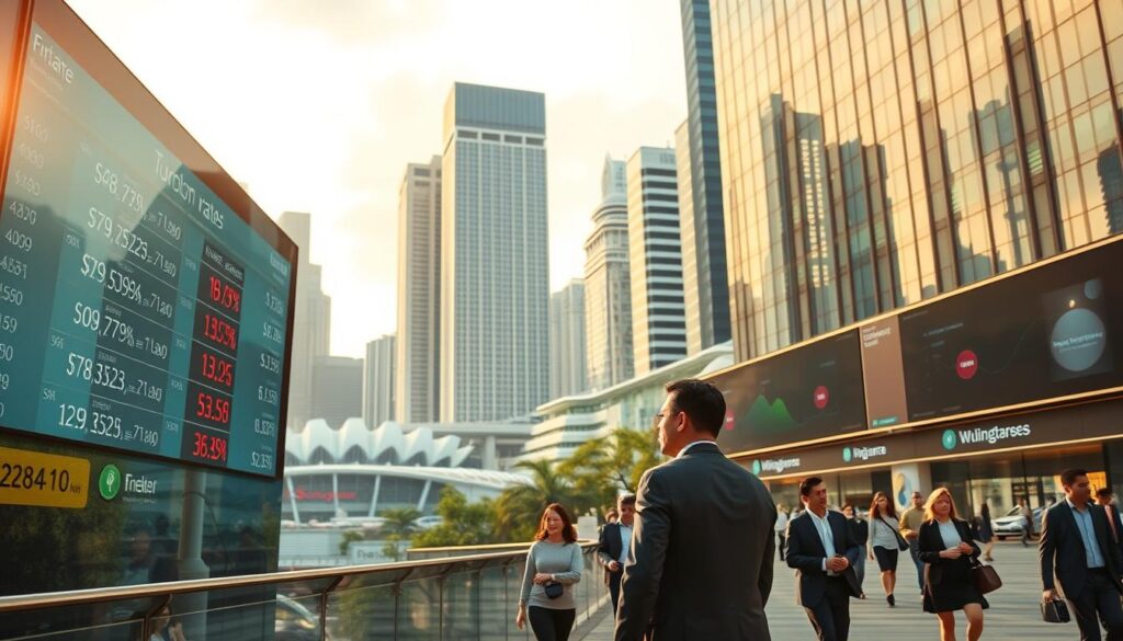 A bustling financial district in Singapore, with towering skyscrapers and bustling streets. In the foreground, a person standing in front of a large digital display, comparing the current exchange rates of various currencies. The display shows live data, with fluctuating numbers and graphs, reflecting the dynamic nature of the foreign exchange market. The middle ground features people walking briskly, dressed in business attire, capturing the fast-paced, professional atmosphere of the city. In the background, a panoramic view of the Singapore skyline, including iconic landmarks like the Marina Bay Sands and the Singapore Flyer. The scene is illuminated by a warm, golden light, creating a sense of prosperity and opportunity. The overall mood conveys the importance of staying informed and making informed decisions when it comes to managing currency exchange in Singapore.