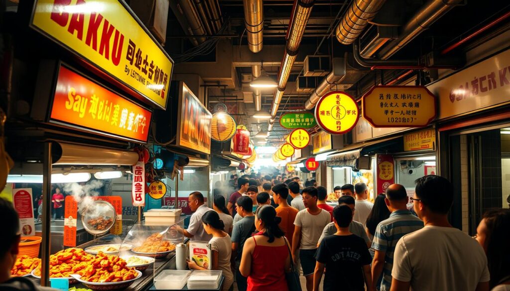 A bustling food centre nestled in the heart of Singapore, with rows of vibrant stalls offering an array of local delicacies. The scene is bathed in warm, golden light, casting a cozy, inviting atmosphere. In the foreground, a stall specializes in the iconic Bak Kwa, its fragrant smoke wafting through the air. Patrons line up eagerly, their expressions filled with anticipation. The middle ground showcases the diverse culinary offerings, from steaming bowls of Laksa to sizzling Satay skewers. In the background, the bustling energy of the food centre is palpable, with people navigating the lively walkways, creating a dynamic and authentic Singaporean dining experience.