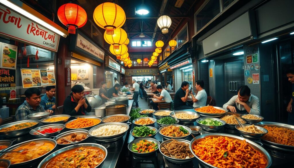 A bustling food court in Singapore's Chinatown, with a vibrant array of vegetarian dishes on display. In the foreground, a wide variety of steaming hot plates, including fragrant curries, colorful stir-fries, and aromatic noodle dishes. The middle ground features the lively interactions of local patrons, seated at quaint wooden tables, savoring their meals. In the background, the warm glow of lanterns and the iconic Chinatown architecture create a cozy, authentic atmosphere. The lighting is soft and diffused, casting a welcoming ambiance over the scene. Captured with a wide-angle lens, the image conveys the sense of a hidden gem, where the city's vegetarian offerings are celebrated in a vibrant, community-driven setting.