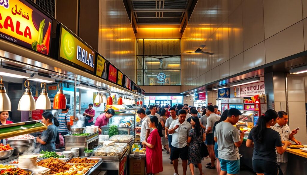 A bustling halal food court in the heart of Singapore, with vibrant stalls offering a diverse array of authentic cuisines. The foreground showcases an array of steaming dishes, fragrant spices, and colorful ingredients. The middle ground features a lively crowd of locals and visitors sampling the delectable offerings, creating a lively atmosphere. The background depicts the modern architectural setting, with clean lines and a touch of traditional design elements, reflecting the city's blend of old and new. The lighting is warm and inviting, casting a golden glow over the scene and creating a cozy, communal ambiance. The overall composition captures the essence of Singapore's vibrant halal food culture, inviting the viewer to immerse themselves in the flavorful experiences.