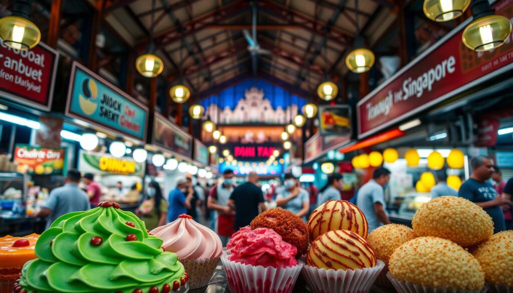 A bustling hawker center in Singapore, brightly lit with warm incandescent lamps. In the foreground, a selection of vibrant, artfully presented local desserts - from fragrant pandan chiffon cake to mouthwatering ondeh-ondeh, their vibrant colors and intricate textures drawing the eye. The middle ground features the dynamic energy of the hawker stalls, with vendors skillfully preparing and serving an array of sweet treats. In the background, the bustling scene of the hawker center is framed by the iconic architecture of Singapore, hinting at the cultural richness of this beloved culinary destination. The overall mood is one of energy, delight, and a celebration of the unique flavors that define Singaporean hawker fare.