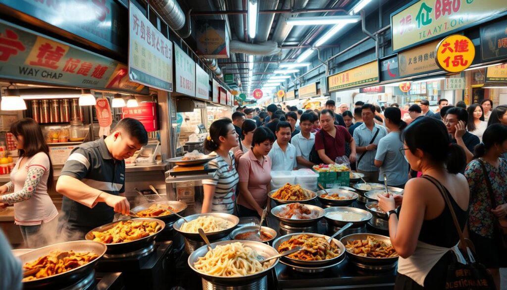 A bustling hawker center in Singapore, the kway chap stalls stand out with their colorful array of steaming dishes. In the foreground, a team of skilled cooks expertly assemble the signature kway chap, a savory dish of braised pork belly, offal, and flat rice noodles. The middle ground is filled with a lively crowd of locals and tourists, their faces alight with anticipation. In the background, the warm glow of fluorescent lights and the chatter of the bustling environment create an authentic, vibrant atmosphere. Captured with a wide-angle lens, the scene conveys the energy and tradition of Singapore's beloved hawker culture.