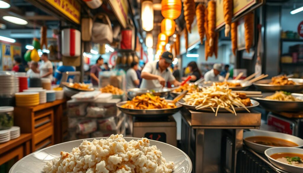 A bustling hawker center in Singapore, with a vibrant array of signature dishes showcased on wooden stalls and metal carts. The foreground features a steaming plate of iconic Hainanese chicken rice, its tender poached chicken and fragrant rice glistening under warm lighting. In the middle ground, a vendor deftly tosses ingredients for a flavorful plate of char kway teow, the wok-charred noodles and crisp bean sprouts drawing the eye. The background reveals a diverse display of other Singaporean classics, from golden-brown chicken satay skewers to colorful laksa bowls, all creating a tantalizing culinary tableau.