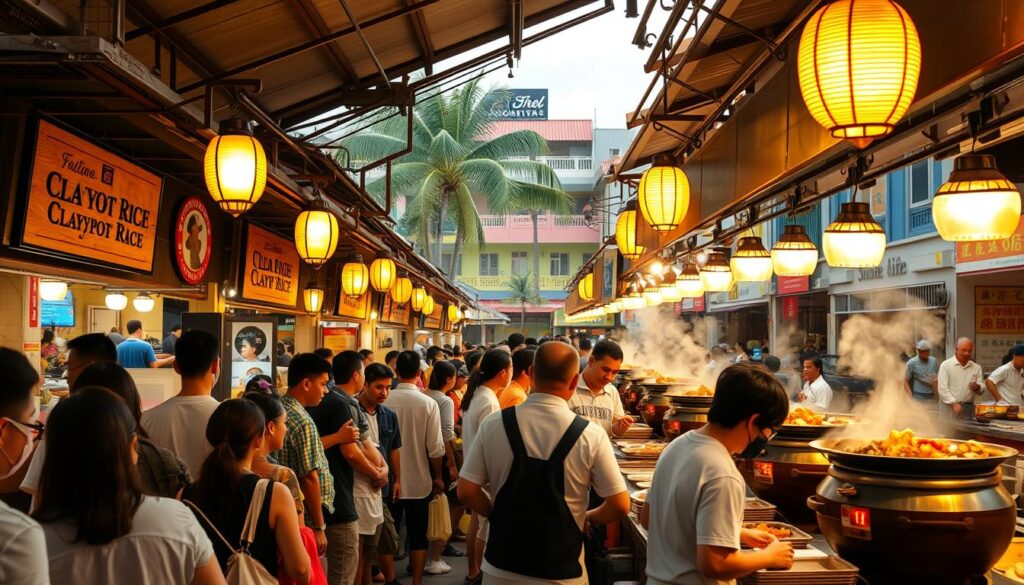 A bustling hawker center in Singapore, with rows of cozy claypot rice stalls under the warm glow of hanging lanterns. The stalls are adorned with wooden signs and steam wafts from the sizzling clay pots, enticing passersby. In the foreground, a queue of hungry patrons eagerly await their turn, clutching their reusable food containers. The middle ground showcases the skilled chefs tending to the claypots, expertly seasoning the rice and toppings. The background is a vibrant tapestry of Singaporean architecture, with colorful shophouses and the occasional palm tree peeking out. The scene exudes a lively, authentic atmosphere, capturing the essence of the island's renowned claypot rice culture.