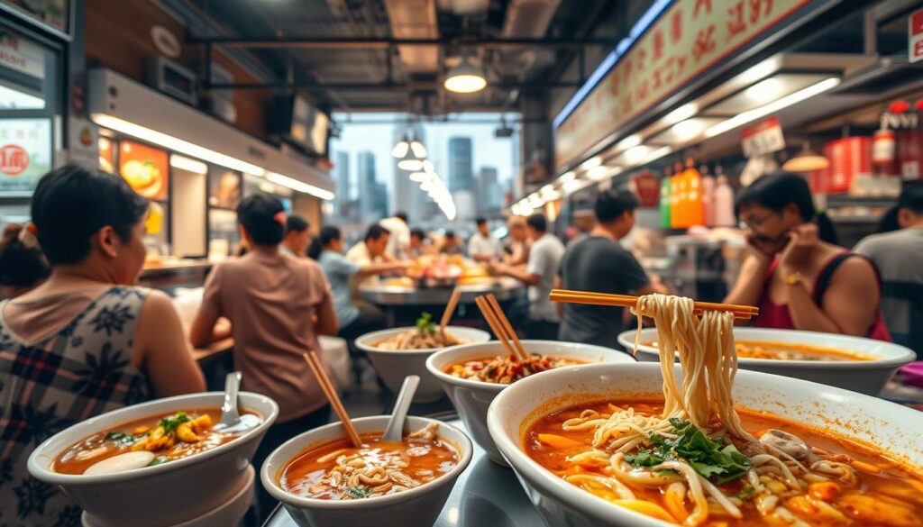 A bustling hawker center in the heart of Singapore, vibrant with the sights and aromas of expertly crafted noodle dishes. In the foreground, a colorful array of steaming bowls brimming with fragrant broths, springy noodles, and a medley of fresh toppings. Patrons seated at communal tables savor the flavors, chopsticks expertly maneuvering through the delectable morsels. The middle ground reveals the lively energy of the hawker stalls, chefs skillfully assembling each order with precision. In the background, the iconic architecture of Singapore's cityscape provides a captivating backdrop, a testament to the city's rich culinary heritage. Warm, natural lighting casts a cozy glow, heightening the convivial atmosphere of this beloved noodle haven.