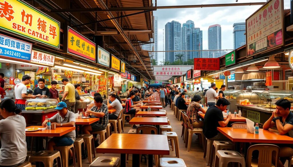 A bustling hawker center in the heart of Singapore, with vibrant stalls offering a diverse array of affordable, delectable local cuisine. Wooden tables and plastic stools set against a backdrop of colorful signage and bustling activity. Warm lighting illuminates the scene, casting a convivial ambiance over the casual dining experience. In the foreground, patrons savor steaming plates of iconic Singaporean dishes like laksa, char kway teow, and chicken rice. The middle ground features the lively atmosphere, with vendors skillfully preparing their specialties. In the background, towering high-rise buildings hint at the city's modern skyline, creating a harmonious contrast between the traditional and the contemporary.