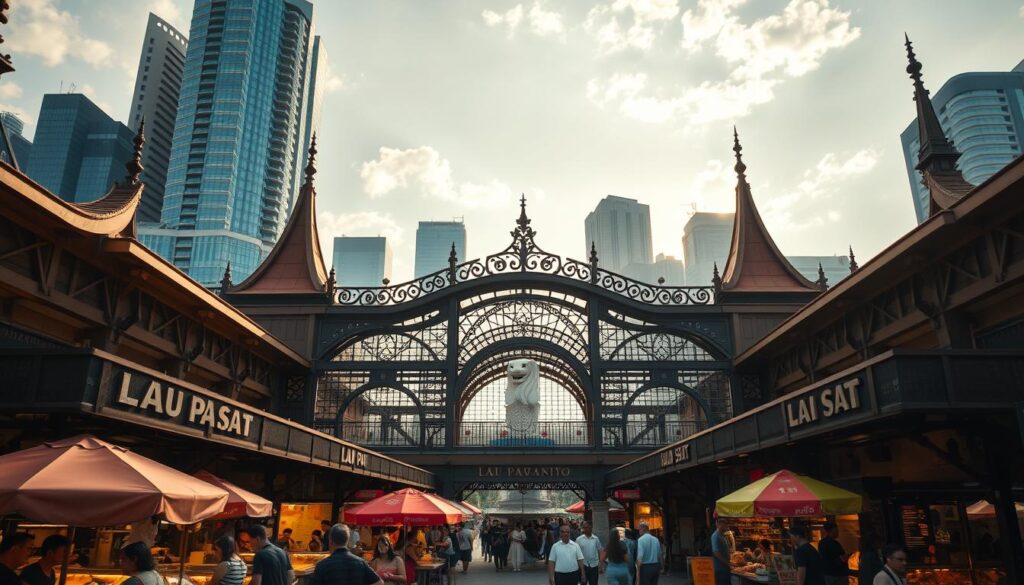 A bustling hawker centre nestled in the heart of Singapore, Lau Pa Sat exudes a timeless Victorian charm. Capture the intricate cast-iron structure bathed in warm afternoon light, its ornate arches and spires casting dramatic shadows across the lively food stalls below. In the foreground, vibrant umbrellas shade the sizzling woks and simmering pots, while the middle ground teems with locals and tourists savoring the mouthwatering array of Singaporean delicacies. Surrounding the scene, towering skyscrapers and the iconic Merlion fountain create a captivating contrast between old and new, showcasing the city's rich cultural heritage. Compose the image with a wide, cinematic angle to highlight the iconic architecture and bustling atmosphere that defines this celebrated hawker centre.