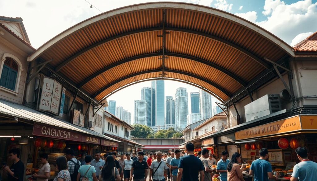 A bustling hawker centre set against the backdrop of old shophouses, sun-dappled and vibrant. In the foreground, a bustling scene of locals and visitors alike, queuing at the various stalls offering a tantalizing array of Singaporean street food delights - from sizzling satay to steaming bowls of noodles. The middle ground features the iconic curved roof structure, its corrugated metal panels catching the warm, golden light. In the distance, the looming presence of towering skyscrapers, a subtle reminder of the city's rapid development, juxtaposed with the timeless charm of this beloved local institution. An atmospheric, street-level perspective captures the energy and character of this quintessential Singaporean dining experience.