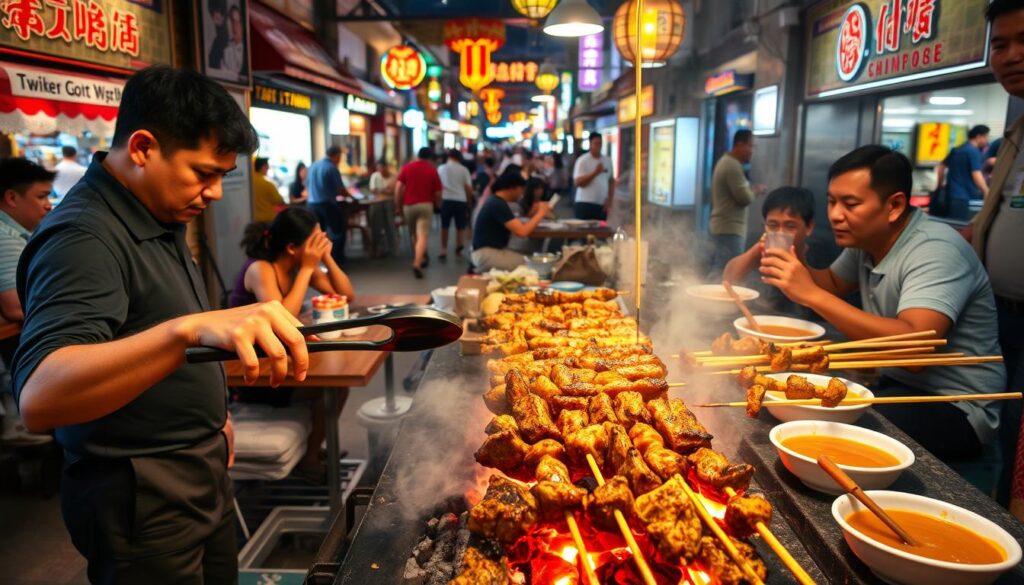 A bustling hawker stall in Singapore's lively Chinatown, with a charcoal grill sizzling with tender, marinated satay skewers. The aroma of spices and grilled meat wafts through the air, drawing in hungry passersby. In the foreground, a skilled satay seller expertly turns the skewers, their tongs deftly navigating the smoky flames. Diners sit at wooden tables, eagerly awaiting their orders, dipping the charred meat in a rich, peanut-based sauce. The middle ground is filled with the lively chatter of locals and tourists, while the background reveals the vibrant, neon-lit streets of Singapore's iconic neighborhood.