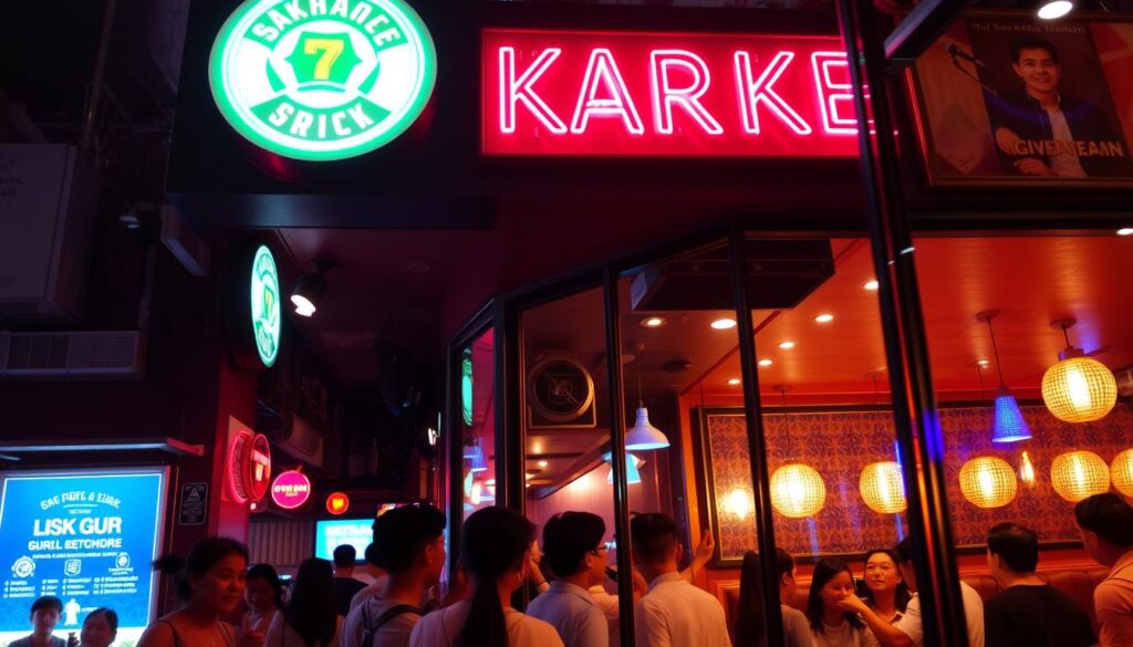 A bustling karaoke bar nestled on Orchard Road, the heart of Singapore's vibrant shopping district. Neon signs illuminate the lively facade, inviting passersby to step inside and indulge in a night of singing and revelry. Through the glass windows, glimpse the warm glow of mood lighting, casting a cozy ambiance over the intimate booths. Groups of friends and colleagues huddle around microphones, belting out the latest chart-topping tunes with infectious enthusiasm. The air is filled with the lively melodies and the infectious laughter of those lost in the moment. Capture the energy and energy of this iconic Orchard Road KTV, a true gem in Singapore's vibrant nightlife scene.