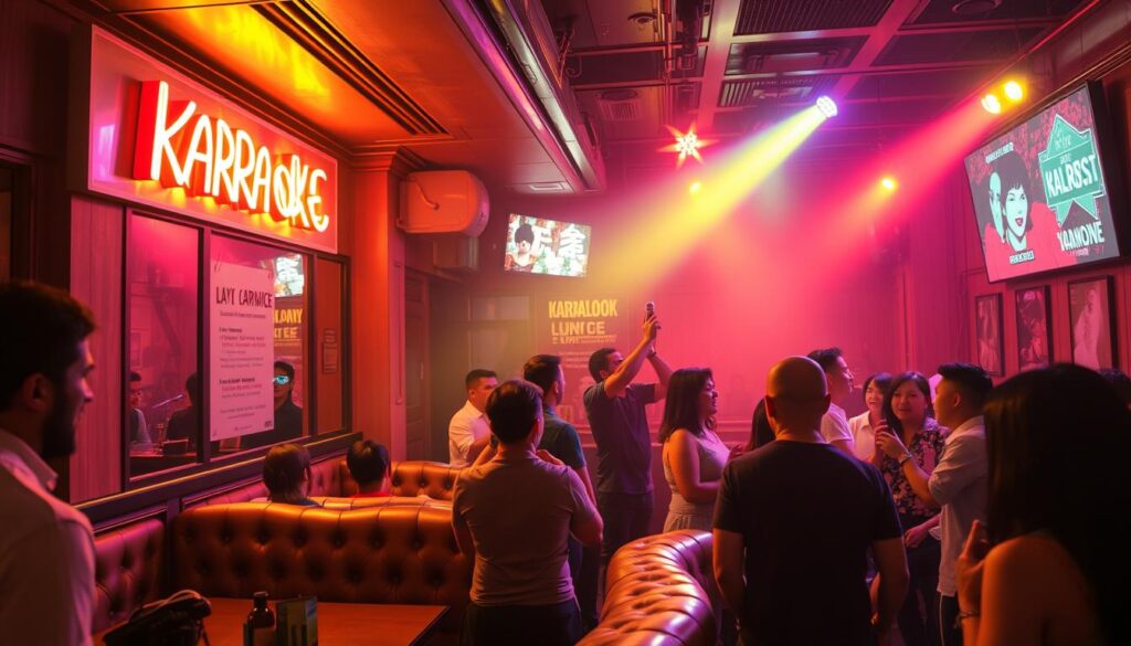 A bustling karaoke lounge along North Bridge Road, its neon-lit facade inviting passersby to step inside. The interior features cozy private rooms, plush leather couches, and a cutting-edge sound system. Warm lighting casts a relaxed, atmospheric glow, while the stage is illuminated by vibrant spotlights. Patrons sway and sing along to classic tunes, their laughter and voices mingling in the air. The scene captures the hidden allure of this local hotspot, a beloved karaoke haven tucked away in the heart of the city.