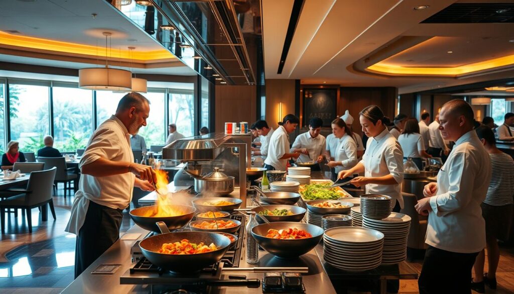 A bustling live station in a luxurious hotel buffet, with chefs in crisp white uniforms skillfully preparing made-to-order dishes in an open kitchen. The vibrant sizzle of woks, the aroma of exotic spices, and the eager anticipation of guests as they watch their meals come to life. Soft, warm lighting casts a cozy glow, while stainless steel appliances and gleaming surfaces create a modern, sophisticated ambiance. In the background, a panoramic view of the hotel's elegant dining room, with lush greenery and natural light filtering in, inviting guests to indulge in a truly memorable culinary experience.