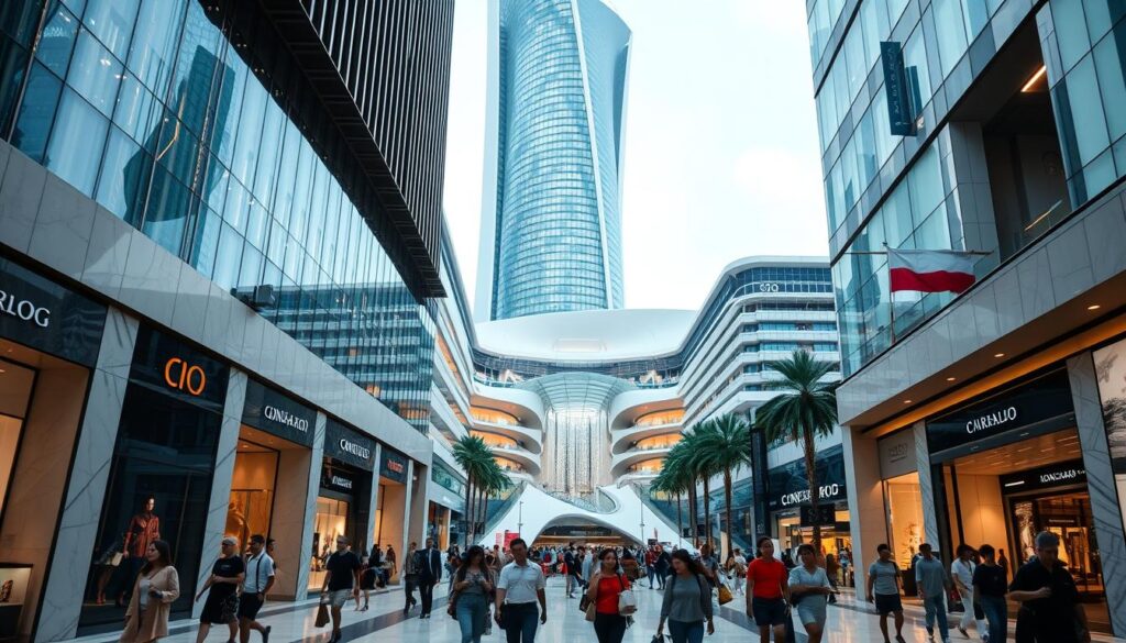 A bustling, luxurious shopping experience unfolds at ION Orchard, the crown jewel of Orchard Road. In the foreground, shoppers stroll along the sleek, marble-lined corridors, admiring the high-end fashion boutiques and gleaming storefronts. Towering glass facades filter in natural light, casting a warm, inviting glow over the scene. The middle ground features a grand, modernist atrium, its dynamic architecture and cascading water features creating a sense of grandeur. In the background, the iconic ION Orchard building rises, its futuristic, sculptural form a testament to Singapore's architectural prowess. The overall atmosphere exudes a harmonious blend of sophistication, elegance, and the vibrant energy of a premier shopping destination.