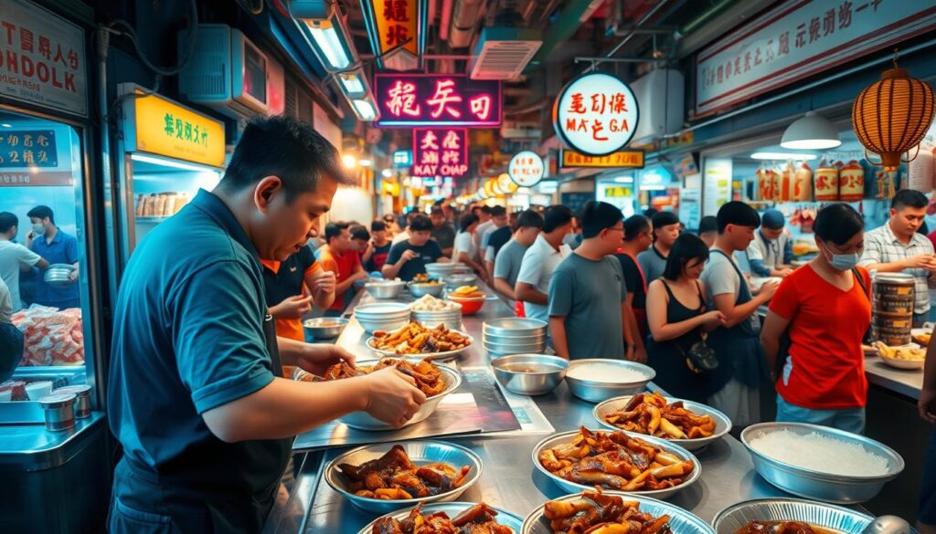A bustling market food centre in Singapore, with an affordable kway chap stall in the foreground. The stall's vendor carefully arranges the steaming plates of braised pork belly, tender intestines, and chewy kway on a metal counter, under warm, soft lighting. The middle ground is filled with a crowd of hungry patrons, their faces lit by the vibrant neon signs overhead. In the background, the busy aisles of the market are visible, bustling with activity and the sounds of vendors haggling. The overall scene conveys the lively, authentic atmosphere of a classic Singaporean hawker centre, where delicious and affordable local cuisine is enjoyed by all.